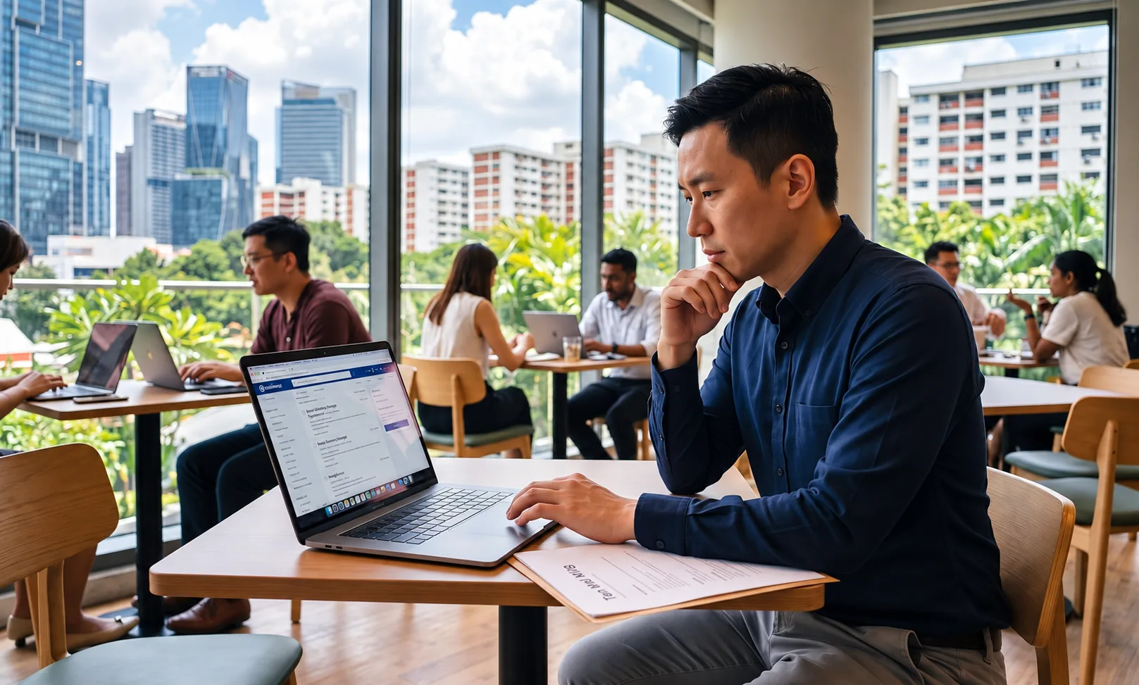 Professional reviewing a website project on a laptop in a Singapore co-working space