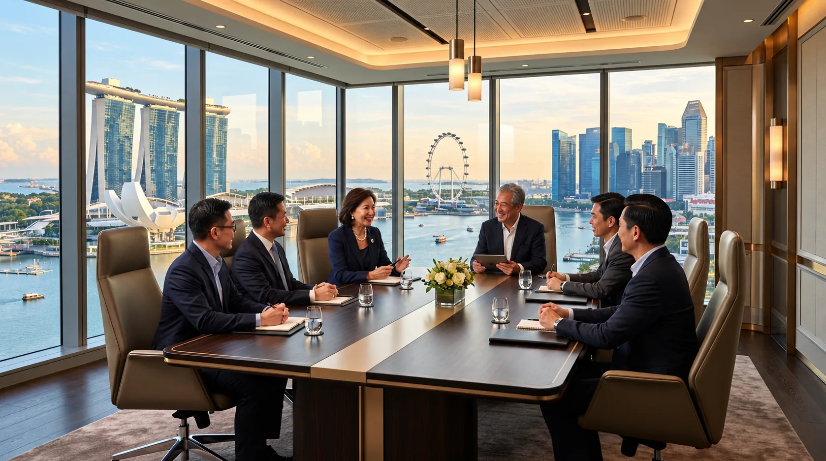 Business strategy meeting in a boardroom overlooking the Singapore skyline