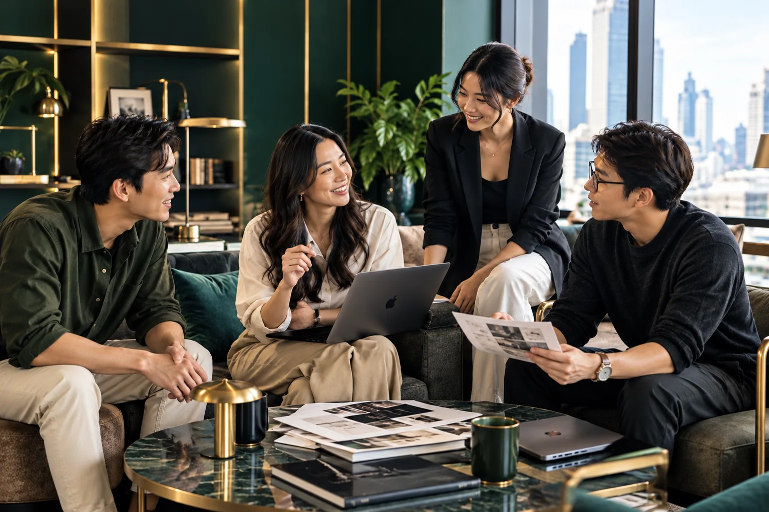 The WebsiteDesigns.Asia team in a relaxed discussion in their lounge overlooking the city