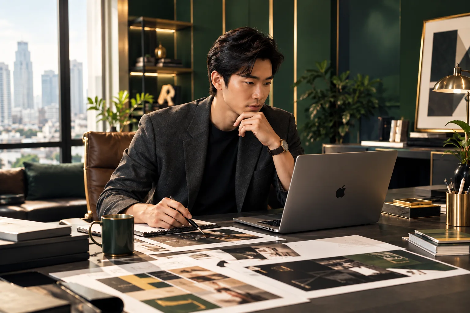 Designer reviewing printed layouts and concepts at his desk